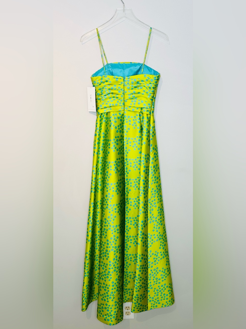 Theia Lime Green Spotted Puppy Dog Satin Formal Strapless Gown Dress - Picture 2 of 11